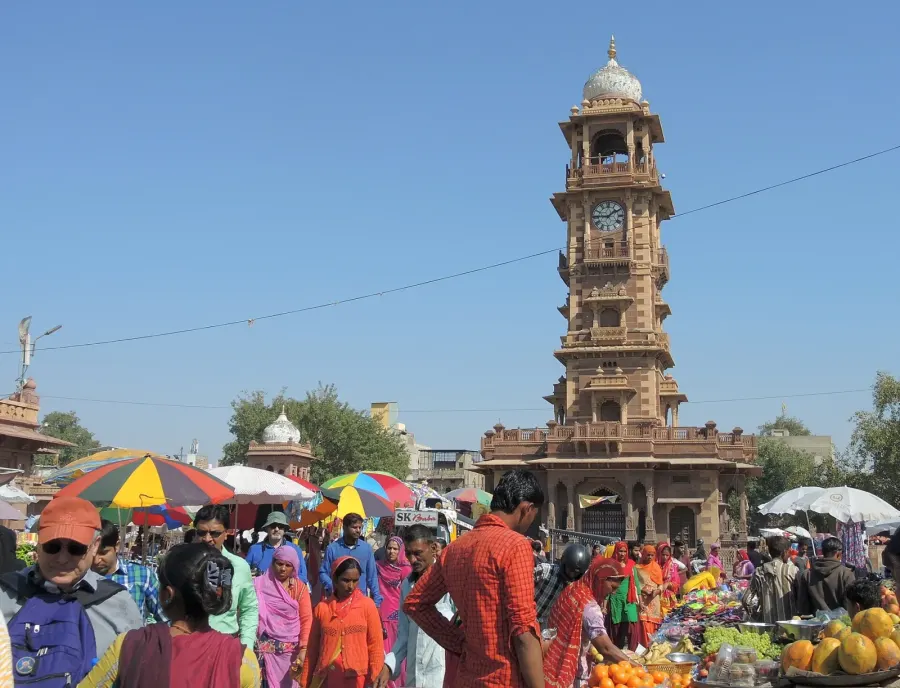 Colourful goods and shoppers inside Sardar Market in Jodhpur
