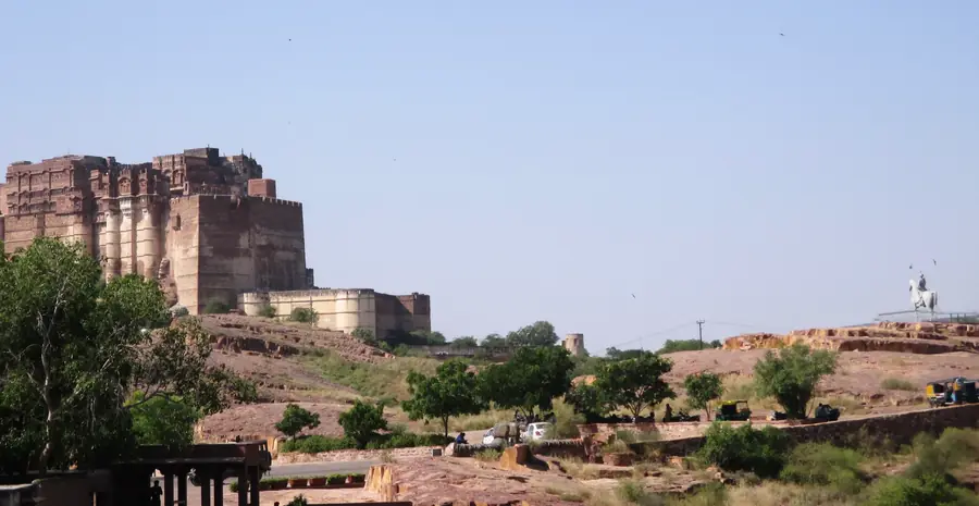 Mehrangarh Fort and the equestrian statue of Rao Jodha seen from Jaswant Thada.